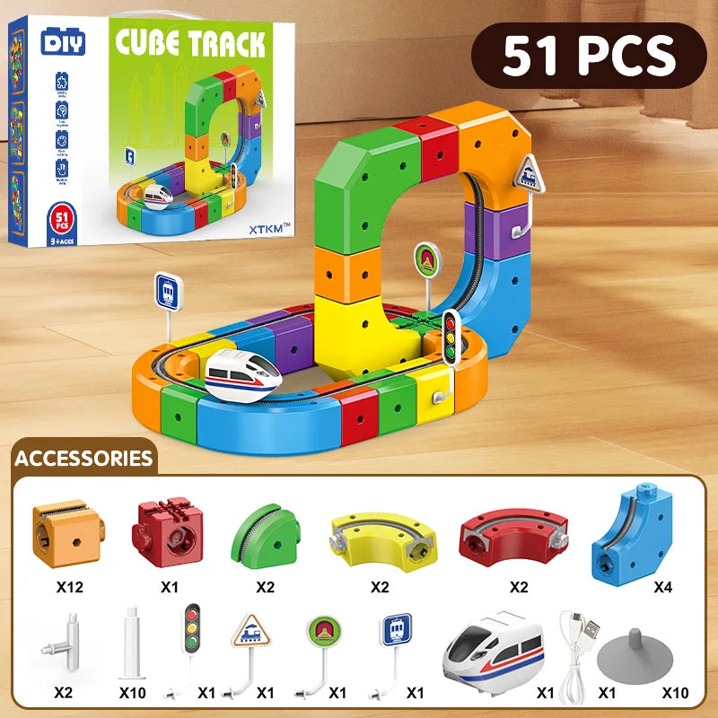 DIY Assembly STEM Educational Electronic Magic Track Train Building Block Multiple Shapes Kids Train Construction Tracks Toys